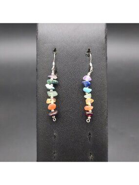 Sterling Silver Rainbow Chakra Natural Stone Chip Stacked Dangle Earrings A9009
